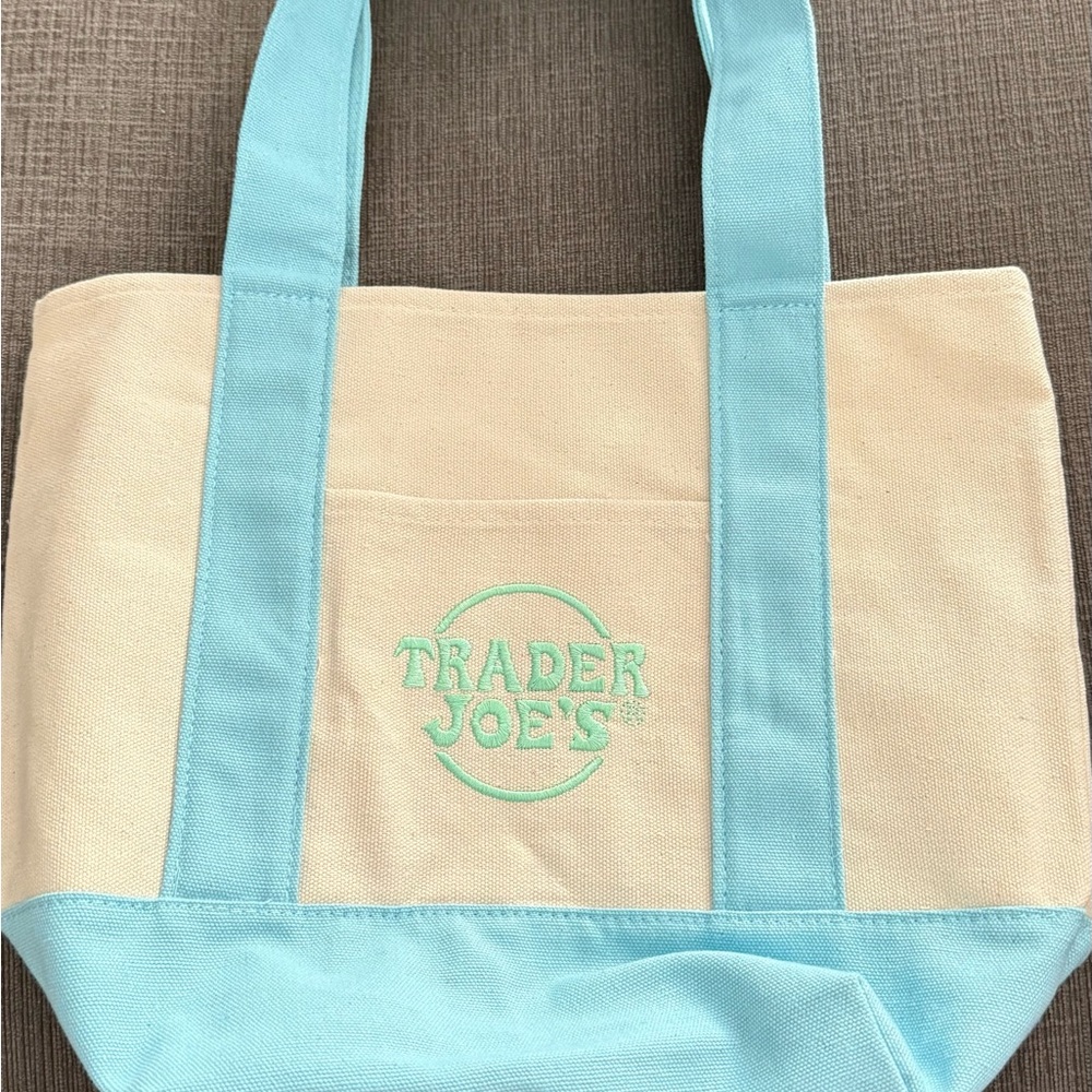 Trader Joe's Cream Canvas Tote with Light Blue Trim